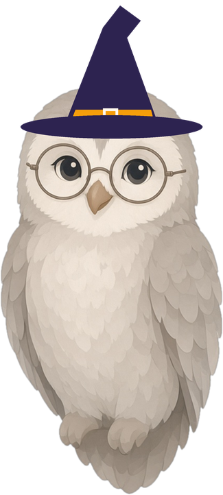 Our wise owl mascot wearing a witch hat for Halloween